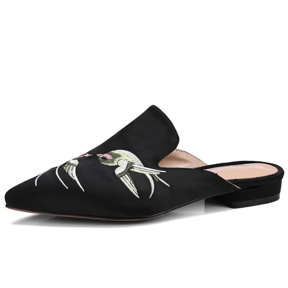 Lenkisen/Коллекция года; слипоны из натуральной кожи; красивые шелковые шлепанцы с вышивкой; классические женские туфли с острым носком; большие размеры; L99 - Цвет: Черный