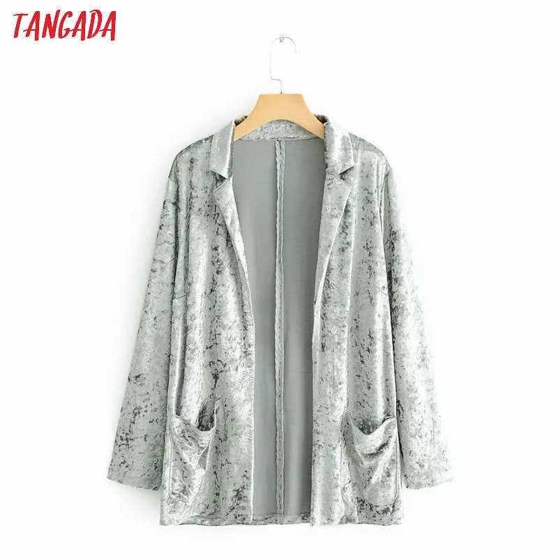 

Tangada women gray velvet blazer dress long sleeve pockets female coat sexy lady stylish outerwear jacket tops 7C05