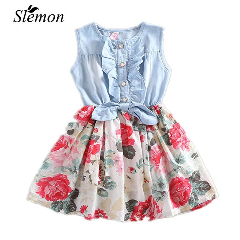 2018 Été Fille Imprimé floral Denim Robe Sans Manches Enfants de