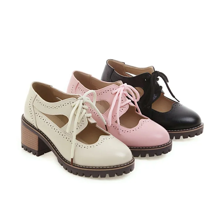 Туфли-лодочки новые модные весенне-осенние женские туфли на толстом каблуке средней высоты, с круглым носком, на шнуровке, большие размеры