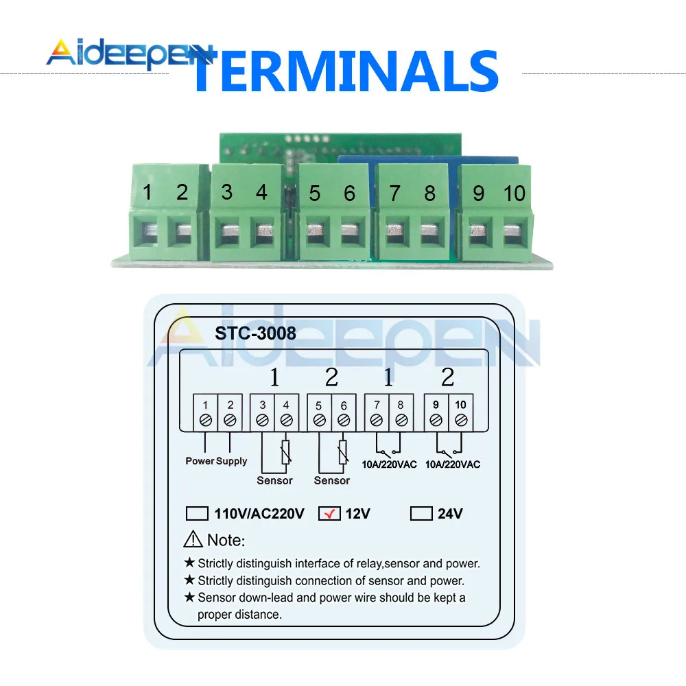 STC-3008, двойной цифровой регулятор температуры, два релейных выхода, термостат с датчиком, DC12V, 24 В, AC110-220V, домашний холодильник, прохладное тепло