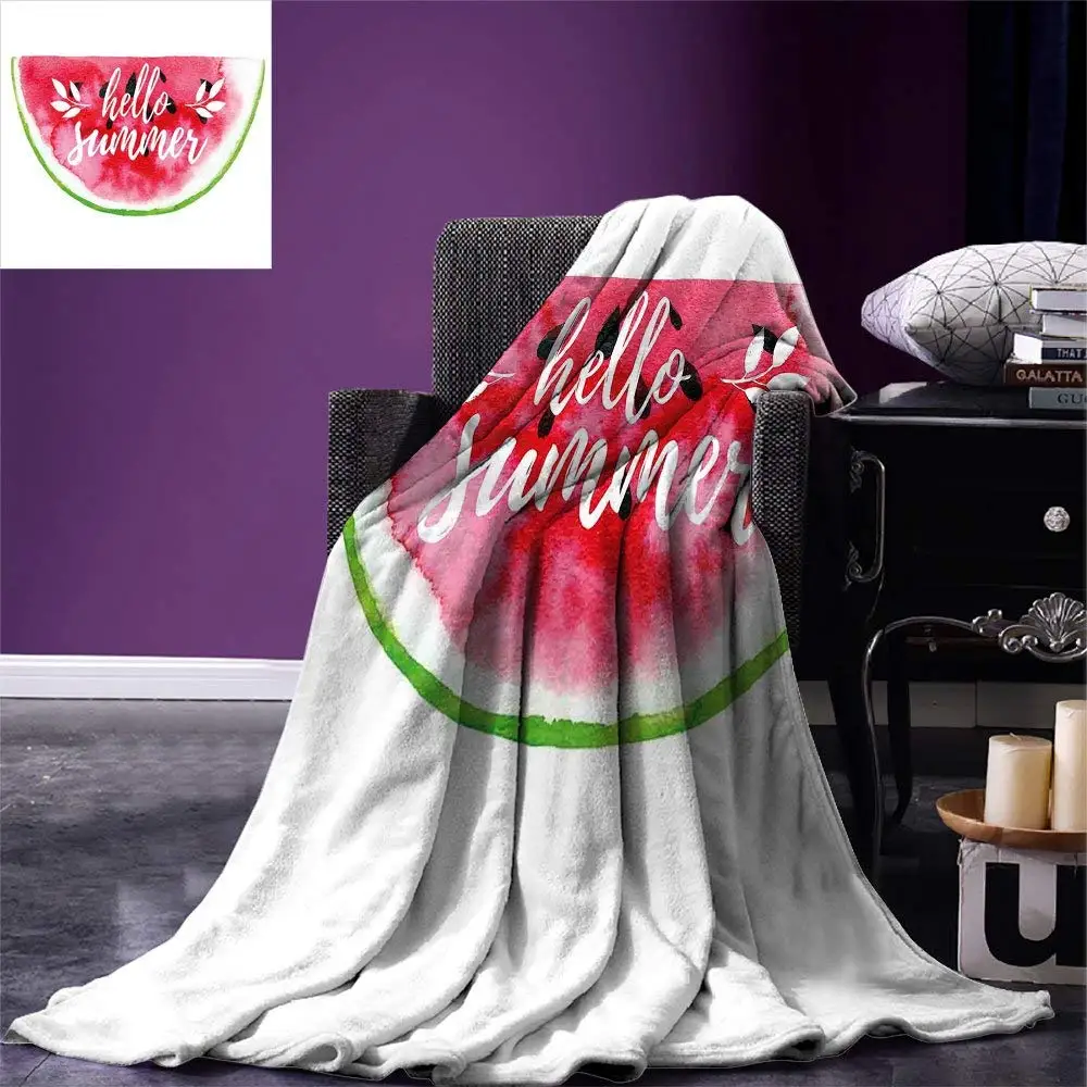 

Lifestyle Throw Blanket Watercolor Watermelon Figure with Hello Summer Motivation Quote Paint Print Warm Microfiber