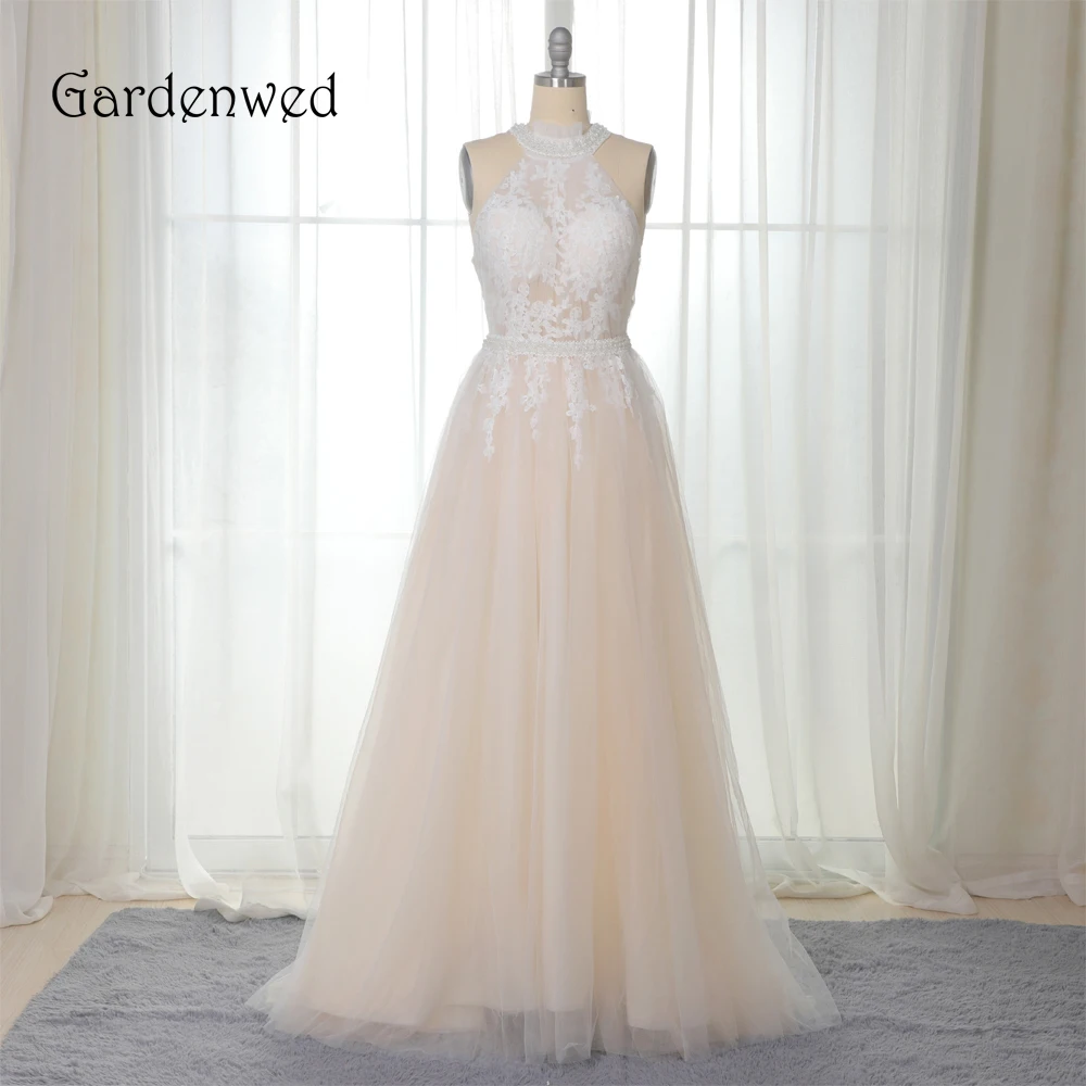 

Gardenwed Light Champagne Formal Evening Dresses Long 2019 High Neck Pearls Tulle Lace Evening Gowns robe de soiree