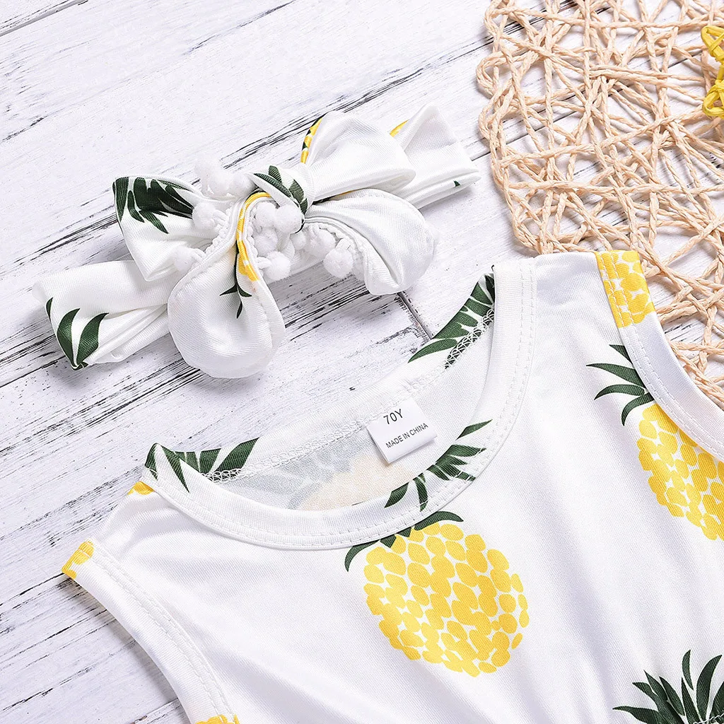 Одежда для маленьких девочек и мальчиков; летние наряды; комбинезон с принтом ананаса для малышей; комбинезон+ повязка на голову; комплект одежды