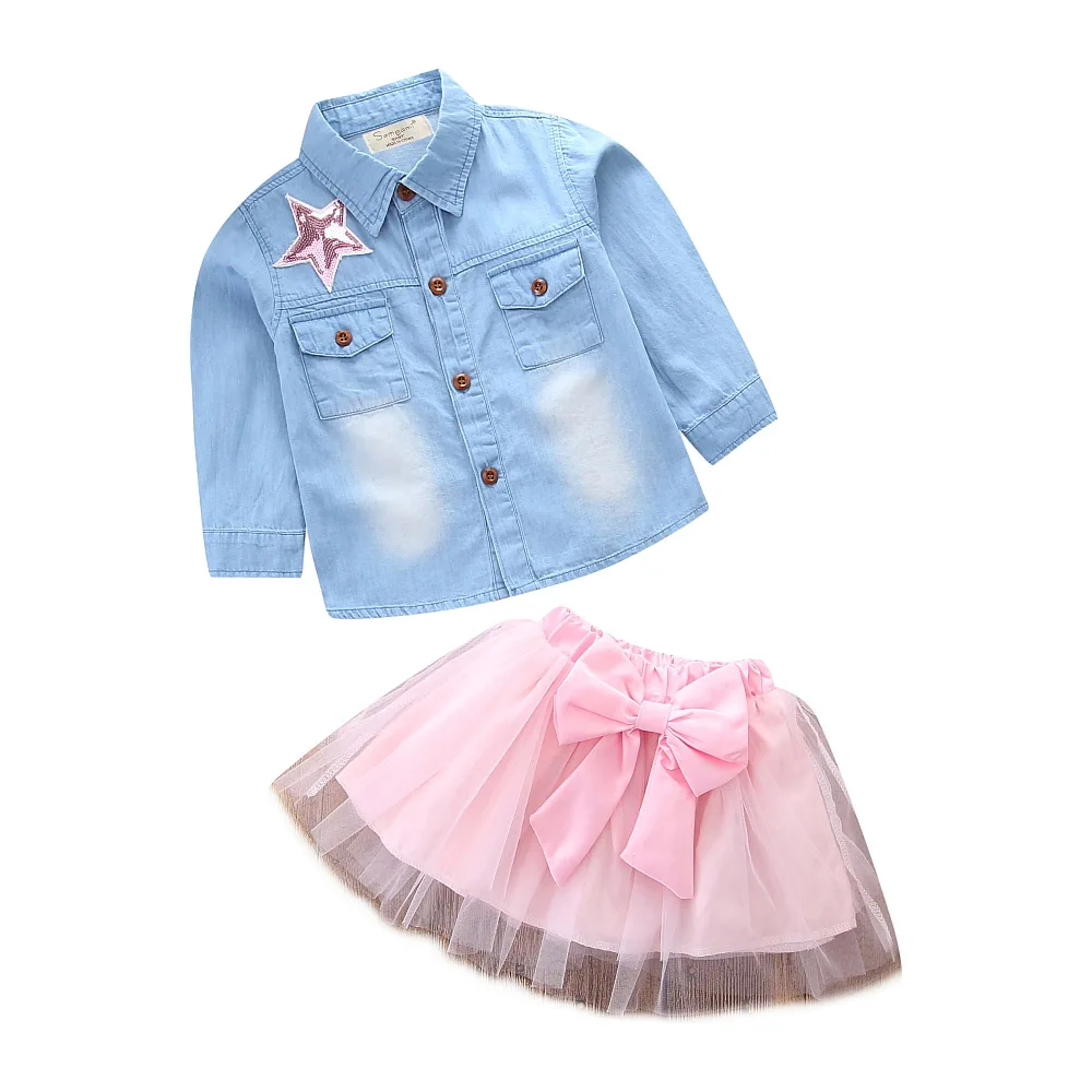 

Baby Girls daily Leisure Clothing Set Children fashion Cowboy Sequins Shirt+bowknot Skirt Suit 2pcs Lovely Kids Toddler Clothes
