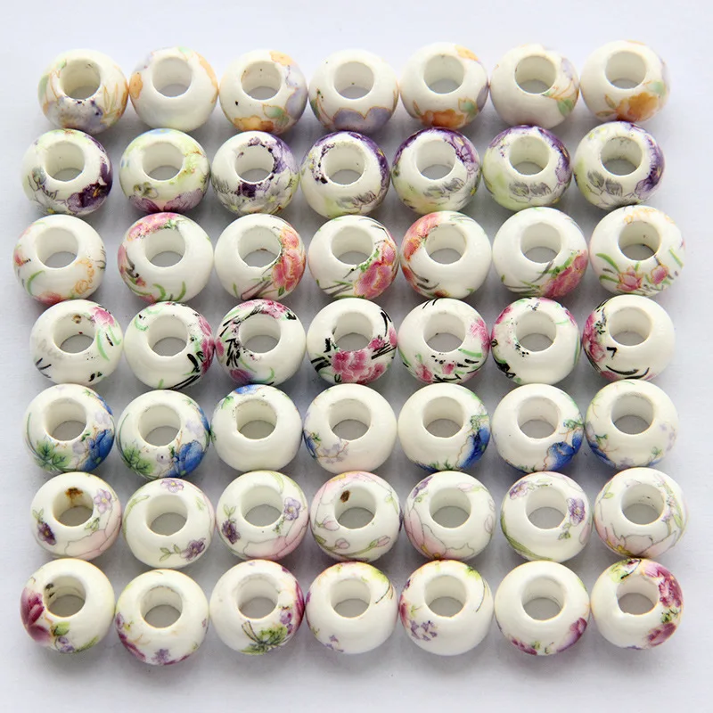 

10pcs/lot Large Hole Printed Flower Ceramic Round Beads 7x13mm Spacer Porcelain Beading Charms DIY Jewelry Making
