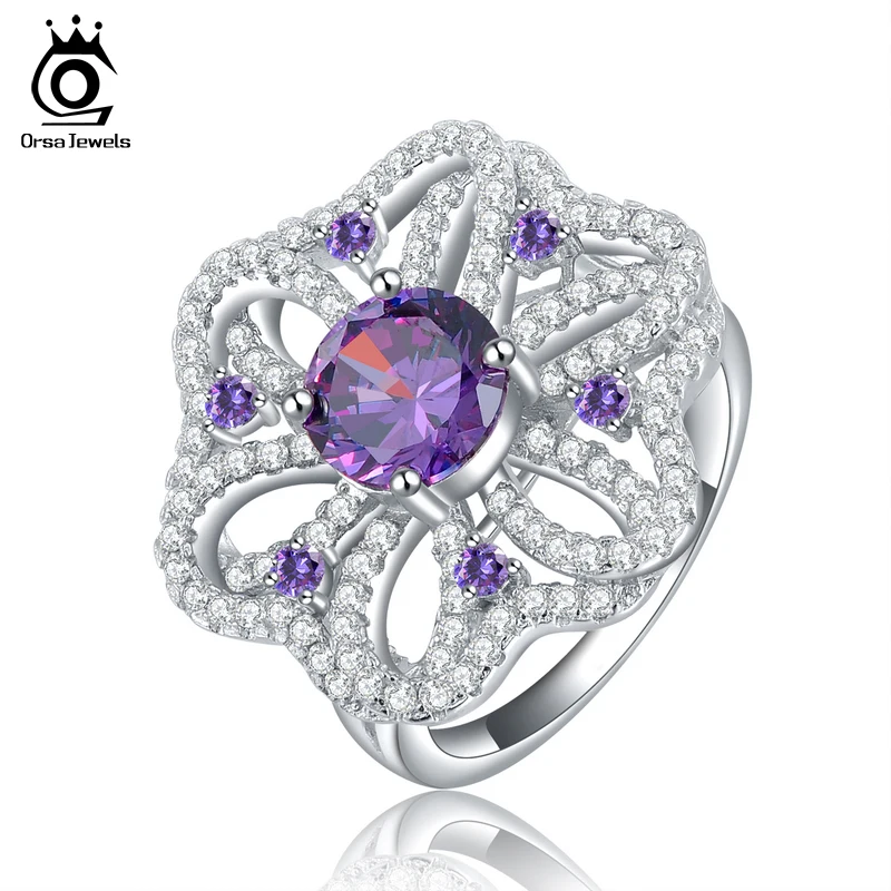 ORSA JEWELS Silver Color Women Ring With AAA Purple Zircon Paved Female Finger's Rings For Women Party Jewelry OR39