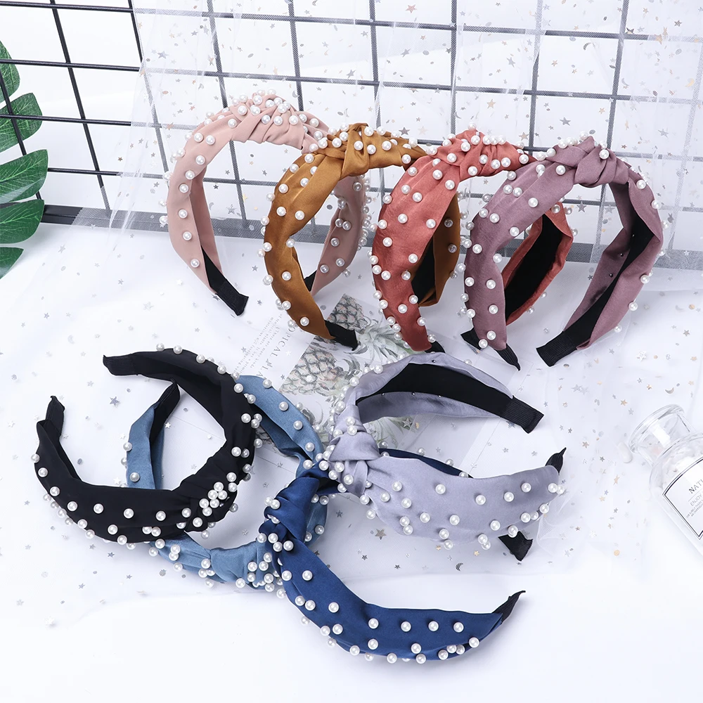 

Summer Spring Bohemian Solid Color Soft Satin Center Knot Wide Hairband with Pearl Knotted Hairband customized Hair Accessories