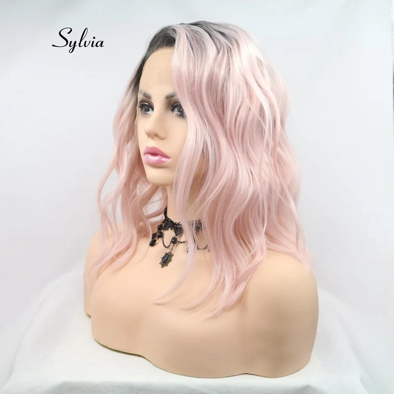 

Sylvia Ombre Pink Short Wavy Wigs Side Part With Dark Roots Lace Front Wigs Heat Resistant Fiber Synthetic Hair Wigs For Women