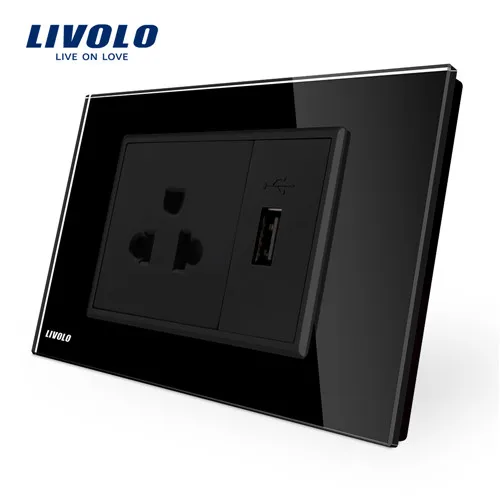 Livolo us розетка с usb зарядным устройством, белая/черная кристальная стеклянная панель, AC 110~ 250V 16A настенная розетка, VL-C9C1US1U-11/12 - Тип: Black