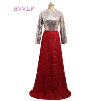 

Burgund Muslim Evening Dresses 2019 A-line Long Sleeves Lace Sequins Islamic Dubai Kaftan Hijab Saudi Arabic Long Evening Gown