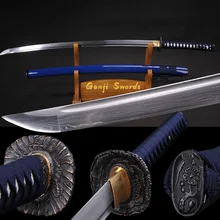 Японский самурайский меч в сложенном виде, дамасское стальное лезвие, настоящая катана, темно-синий Сая, острый край, можно отрезать бамбук