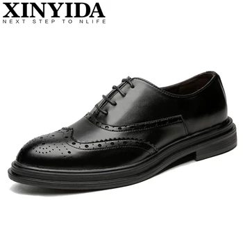 

Fashion Pointed Toe Men Brogue Shoes Men's Lace-up Breathable Business Casual Shoes Bullock Carve Men Leather Shoes Plus Size