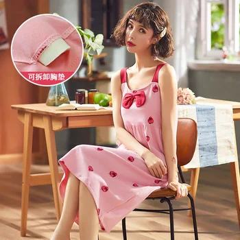 

Sweet Women Casual Loose Cotton Sleeveless Dress Nightdress Nightgown Sleepwear Summer Clothes for Women with Chest Pad