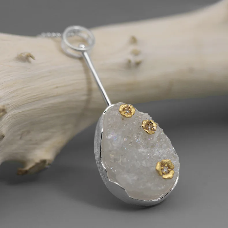 

INATURE Natural Rainbow Agate Cute Flower 925 Sterling Silver Pendant Necklace For Women Fine Jewelry Gift AP213