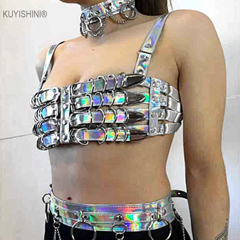 

Punk 100% Handcrafted Cool Rainbow Vinyl Caged Bra Harness Lingerie Bracelet Chest Top Waist Cincher Heavy Duty Belts