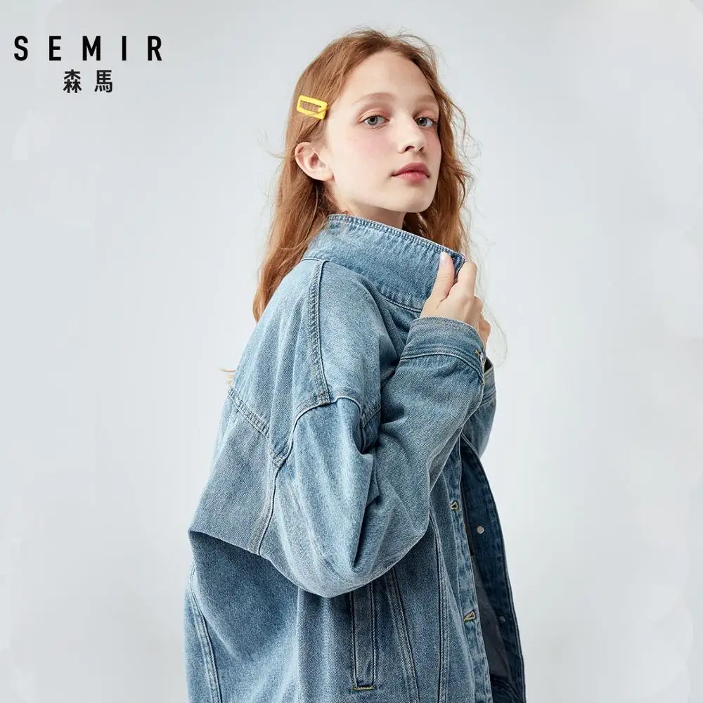 buy SEMIR Women 100% Cotton Oversized Denim Jacket with Collar Boyfriend Denim Jacket with Chest Pocket