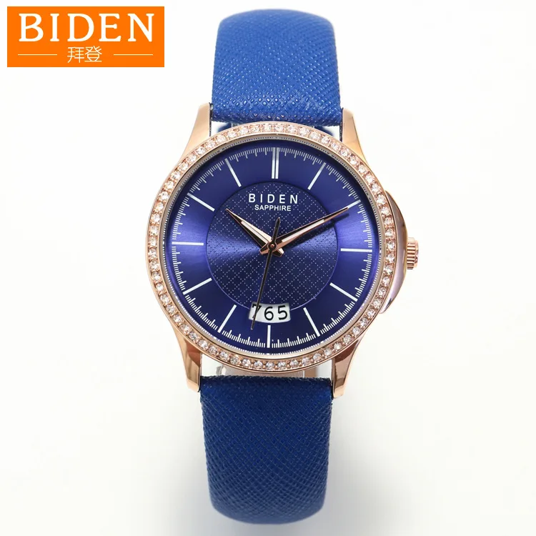 

women watches genuine leather blue fashion Biden brand ladies wristwatches quartz waterproof calendar luminous Citizen movement
