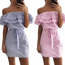2017 summer dress Women Off Shoulder red Blue Striped bandage Shirt beach dress party Short robe femme Sexy vestido de festa