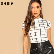 SHEIN черный и белый плед Пеплум Стенд воротник поясом Топ Gingham пуловеры летние повседневные женские футболки и топы с коротким рукавом