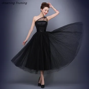 

Vintage Tea Length Prom Dresses Sheer One Shoulder Ball Gowns Little Black Party Cocktail Gowns China vestidos de graduacion