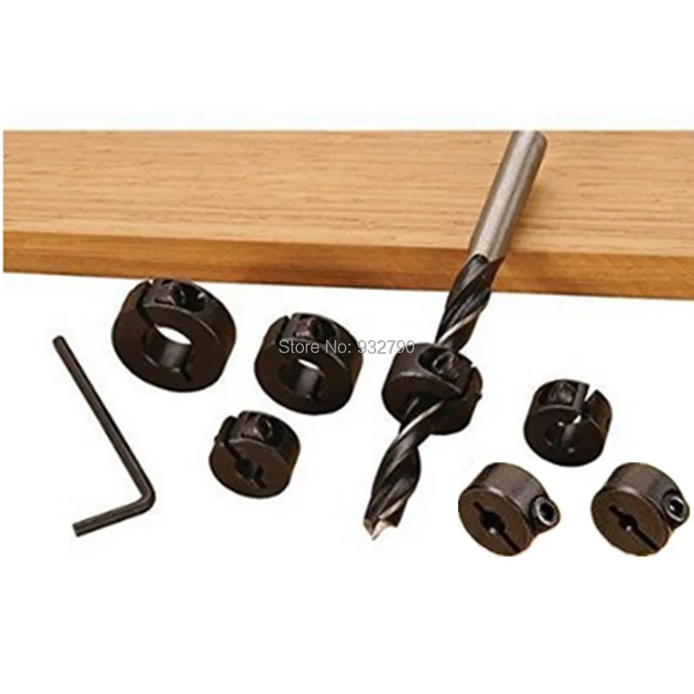 7Pc Woodworking Drill Bit Shaft Depth Split Ring Stop Collar 1/8 3/16 1