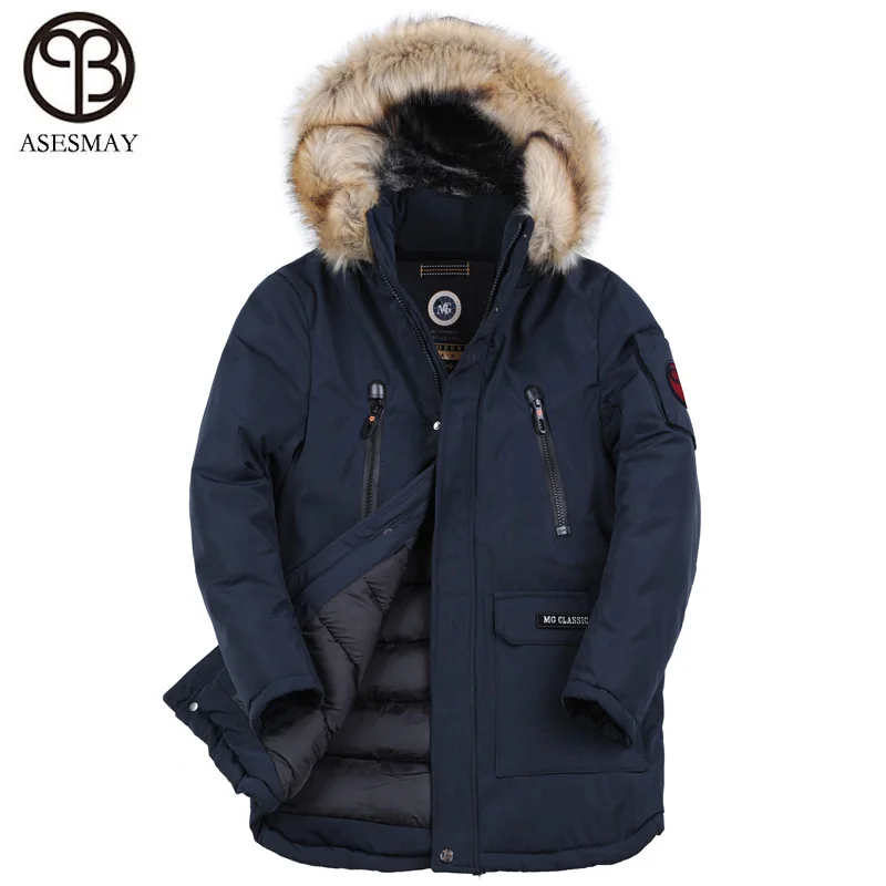Asesmay зимняя мужская куртка очень толстая теплая Высококачественная Мужская парка средней длины зимнее пальто с искусственным мехом с капюшоном размера плюс - Цвет: Dark blue