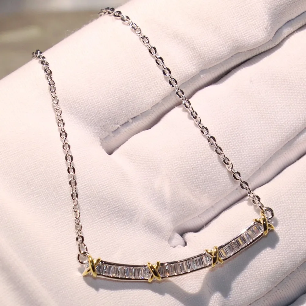 

Brand New Original Luxury Jewelry 925 Silver Arc Pendant Princess Cut AAA Cubic Zirconia Lucky Party Separate Color Necklace CZ