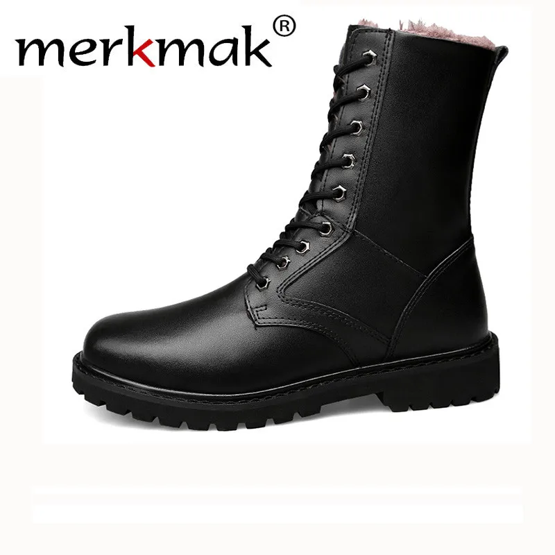 

Merkmak Winter Genuine Leather Snow Boots Men Autumn Military Boot Plush Outdoor Casual Men's High Boots Footwear Lace up Flats