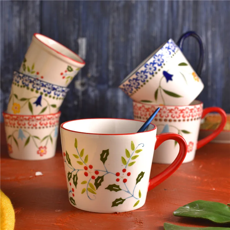 

EECAMAIL Mug Nordic Holly Berry Underglaze Ceramics Home Oatmeal Milk Cup Creative Hand-painted Tableware Breakfast Cup Western