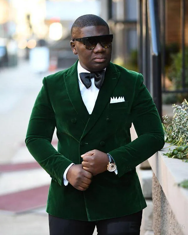 

Dark Green Velvet Groom Tuxedos Excellent Groomsmen Blazer Men Formal Suit Party Prom Suit(Jacket+Pants+Bows Tie)