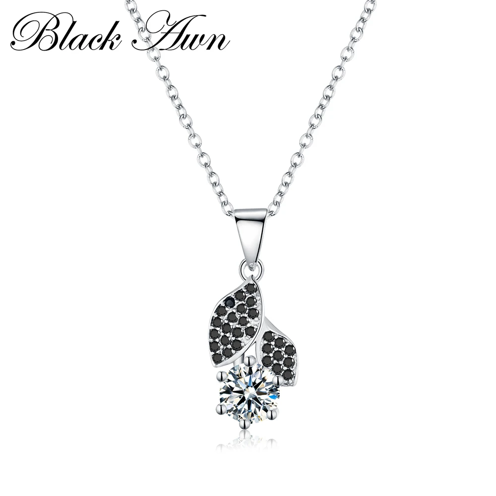 

[BLACK AWN] Classic Silver Color Jewelry Flower Black Spinel Women's Necklaces Pendants P145