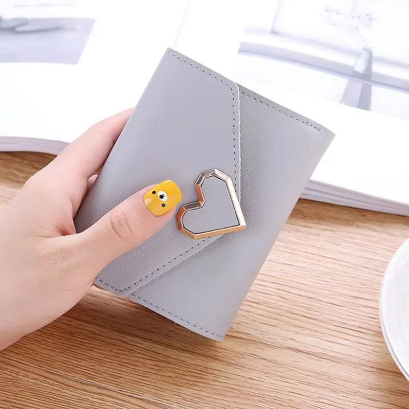 Women's Wallet For Credit Card Metal Heart-shaped Leather Short Section Three-folded Wallet Elegant Female Wallet Card Package Women's Wallet For Credit Card Metal Heart-shaped Leather Short Section Three-folded Wallet Elegant Female Wallet Card Package