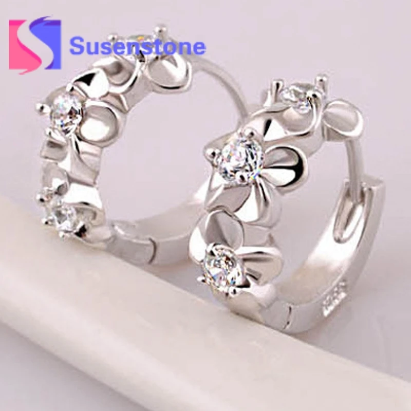 

1Pair Silvering Plated Round Earrings Fashion Camellia Rhinestones Design Hoop Earrings Women's Elegant Jewelry Gifts Free Ship