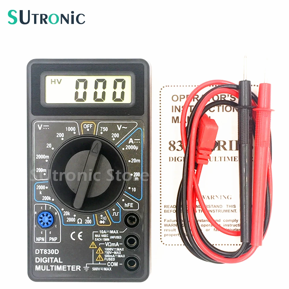 

DT-830D Mini Digital Multimeter with Buzzer Overload protection Square Wave Output Voltage Ampere Ohm Tester Probe DC AC LCD