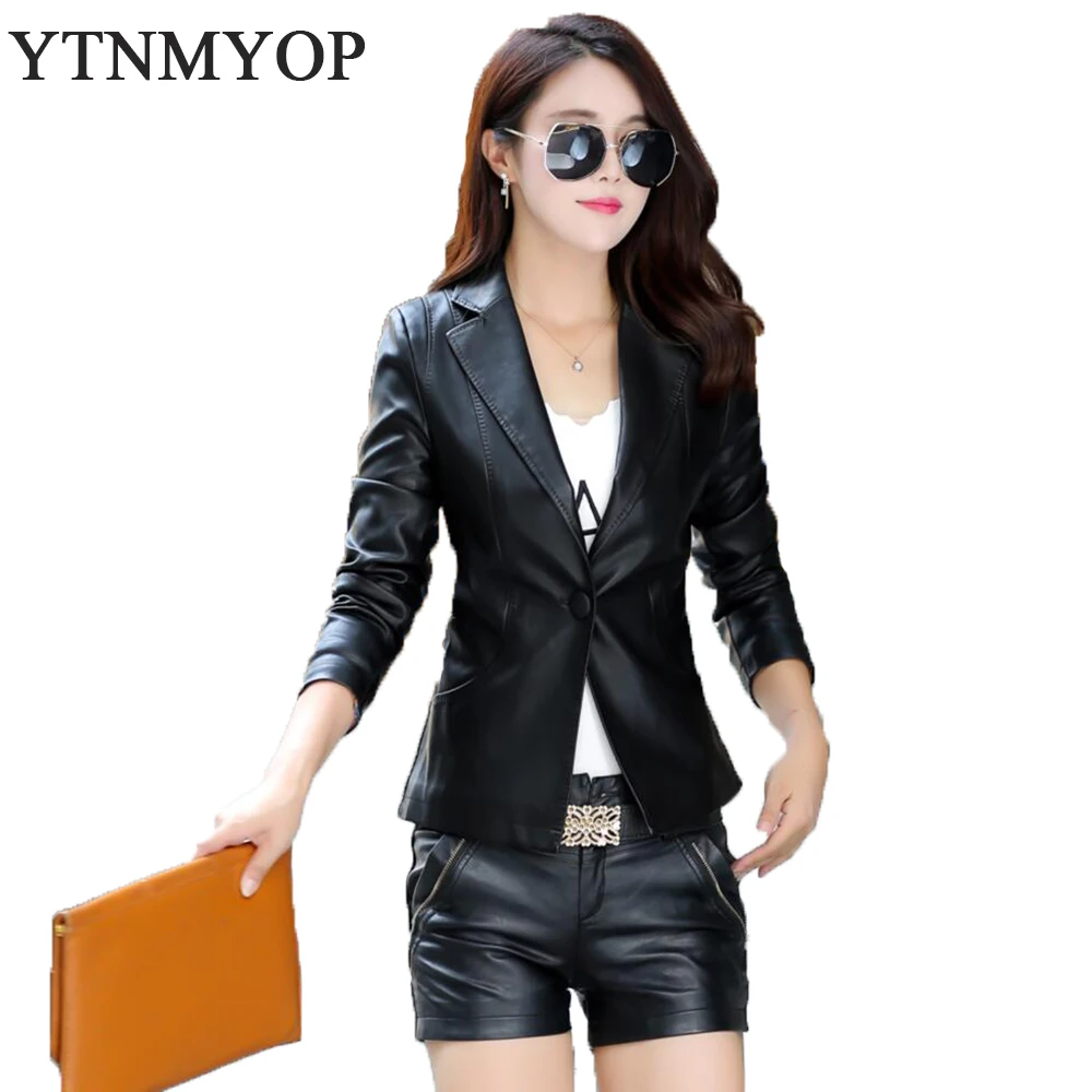 

YTNMYOP Black Women Leather Jacket 2019 Spring Autumn Short Casual Blazer Leather Clothing Plus Size XS-XXL Work To Wear Coat