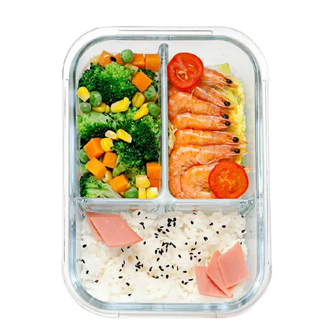 Caixa de Almoço com 3 Preparando a Refeição Recipiente de Armazenamento de Alimentos pressão Alimentos pressão de Bloqueio ml de Vidro 1040 Compartimentos Microwavable Vidro de Bloqueio Cor Aleatória Tampa