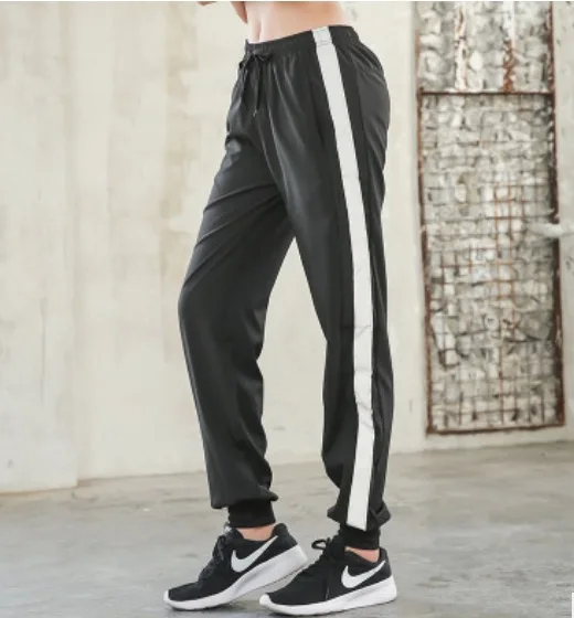 EF8147, свободные штаны для бега, женские, с карманами, светоотражающие, в полоску, женские спортивные штаны, для фитнеса, спорта, спортзала, тренировки, одежда, штаны для йоги - Цвет: Black