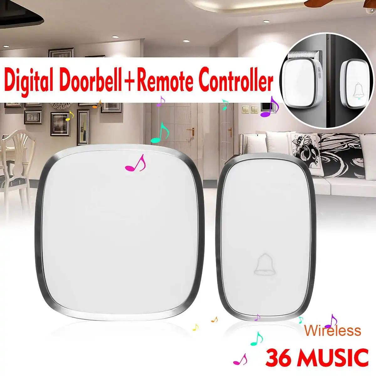 

Waterproof 36 Chimes Wireless Door Bell US Plug AC 110-240 No Battery Digital Doorbell Music Wifi Door Chime + Remote Control