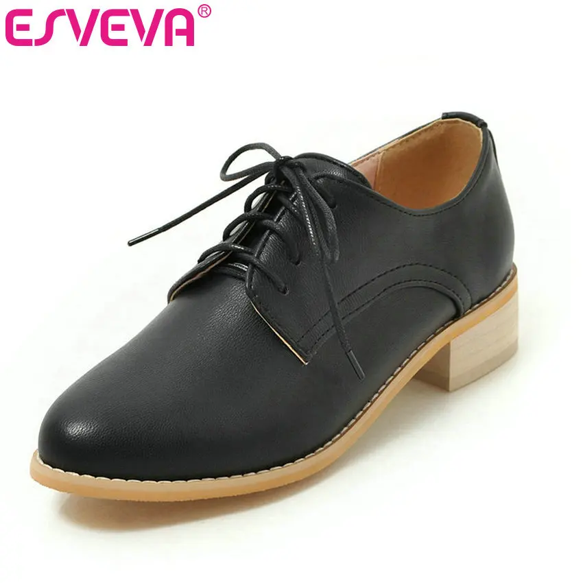 

ESVEVA 2019 Women Pumps PU Leather Fashion Lace Up Square Low Heel Round Toe All Match Leisure Women Single Shoes Size 34-43