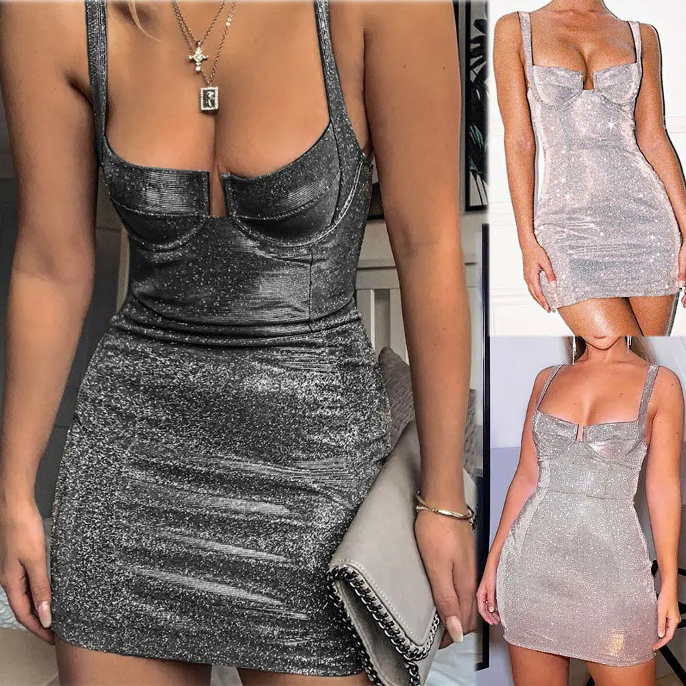 

2019 New Style Fashion Hot Women Sequin Sleeveless Sheath Dress Glitter Club Wear Solid Evening Party Mini Dress