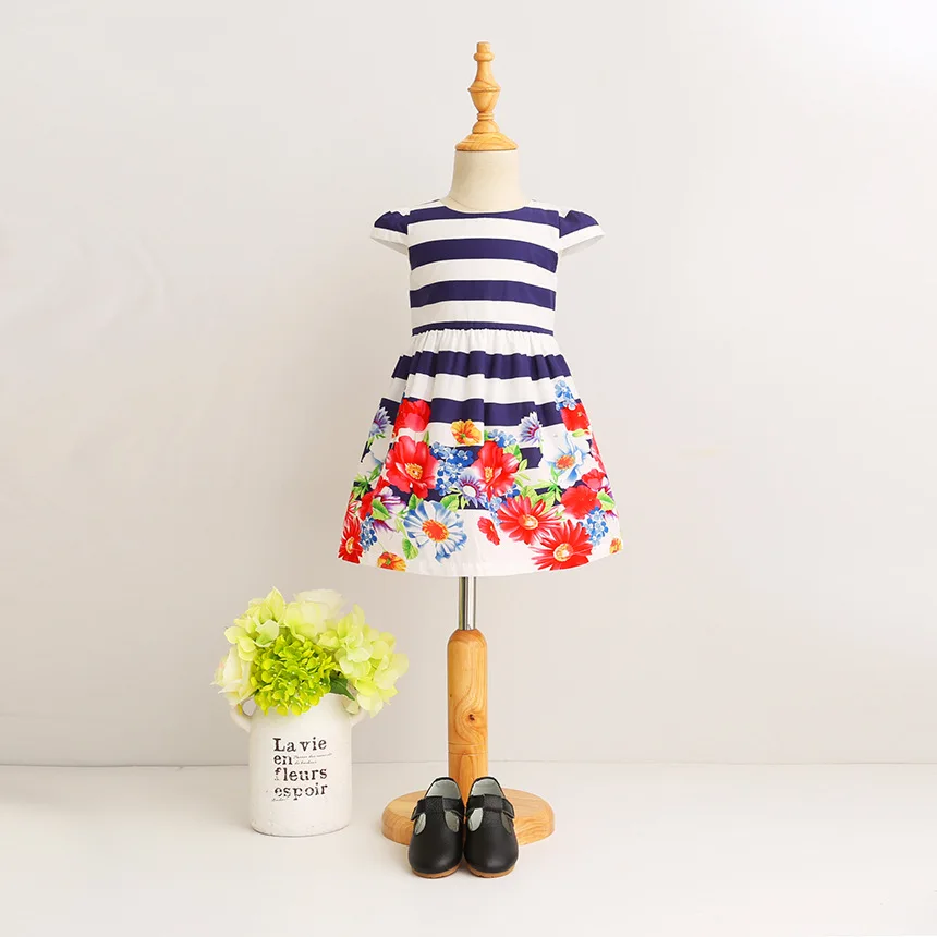 

PPXX 2019 Cotton Baby Girl Dress Stripe Floral Flower Princess Collar Short Sleeve Casual Summer Girls Party Beach Kids Clothing