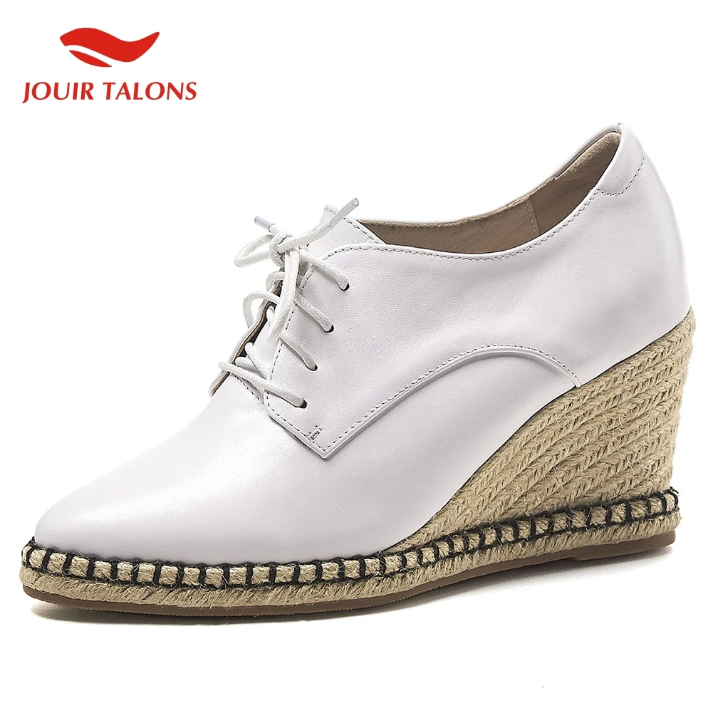 

Genuine Cow Leather High Heels Pumps Wedges Shoes Woman Spring Autumn Casual Lace Up Footwear women's Shoes Woman