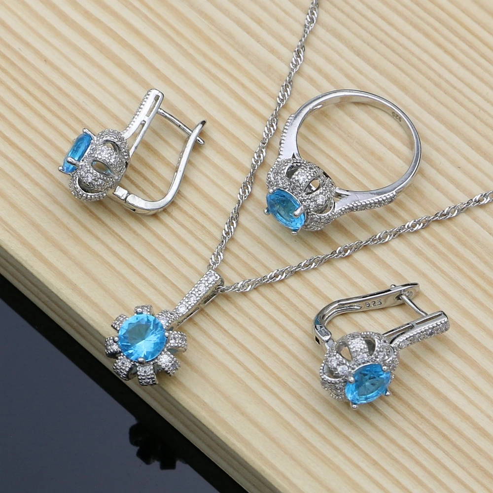 925 Silver Bridal Jewelry Sky Blue CZ Jewelry Sets For Women Anniversary Earrings With Stone Bracelet Necklace Set (3)
