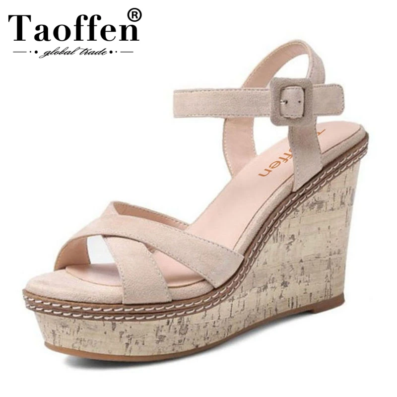 

TAOFFEN Women Wedding Real Genuine Leather High Wedges Sandals Ankle Strap Peep Toe Sandals Platform Summer Shoes Size 34-39