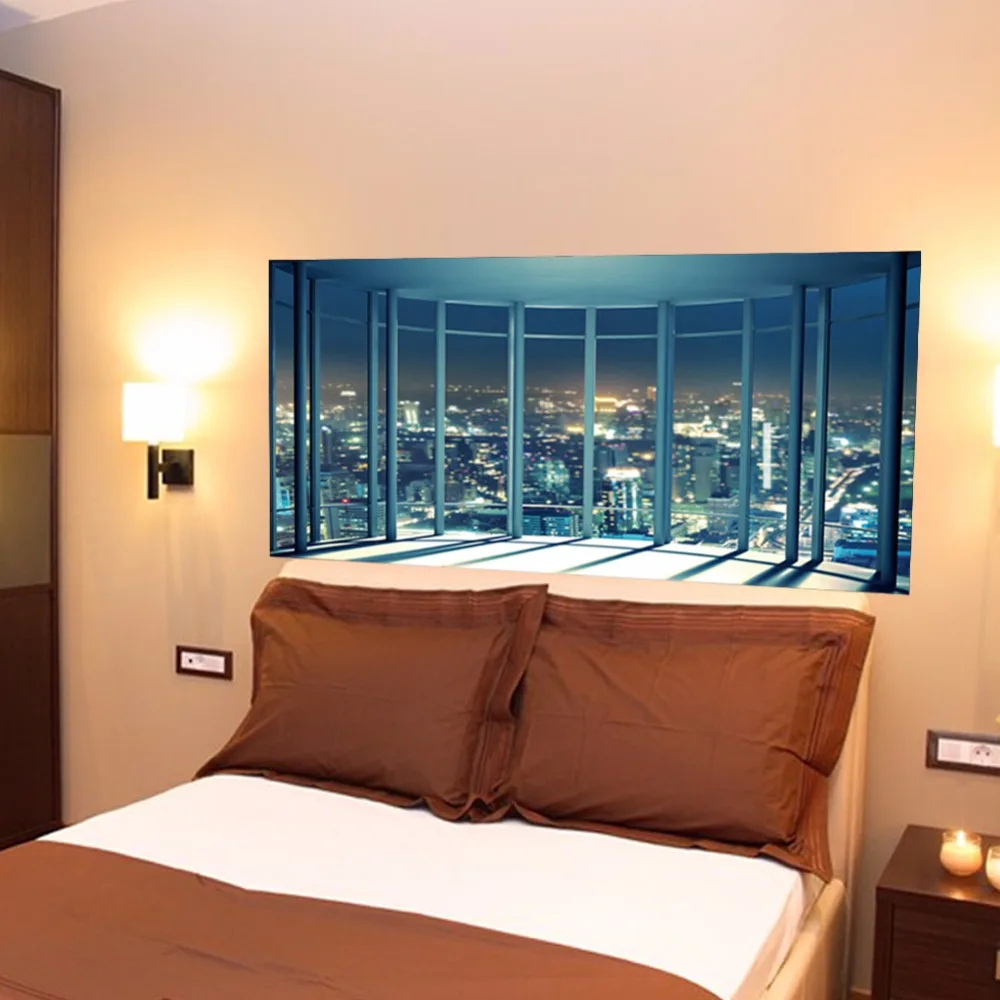 2 قطعة/المجموعة 3D النافذة مدينة ليلة عرض السرير جدار ملصقا ل غرفة نوم الديكور 90*180 سنتيمتر كبيرة المشارك خلفيات DIY الفن جدارية