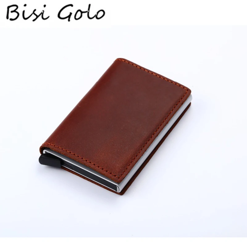 

BISI GORO 2019 Wallet Genuine Leather Card Holder Vintage Purse Crazy Horse Leather Rfid Aluminium Business Card Holder