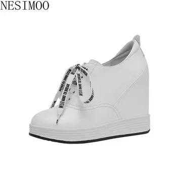 

NESIMOO 2019 Women Pumps Solid Wedge High Heel Genuine Leather Platform Round Toe Lace Up All Match Ladies Shoes Size 34-40