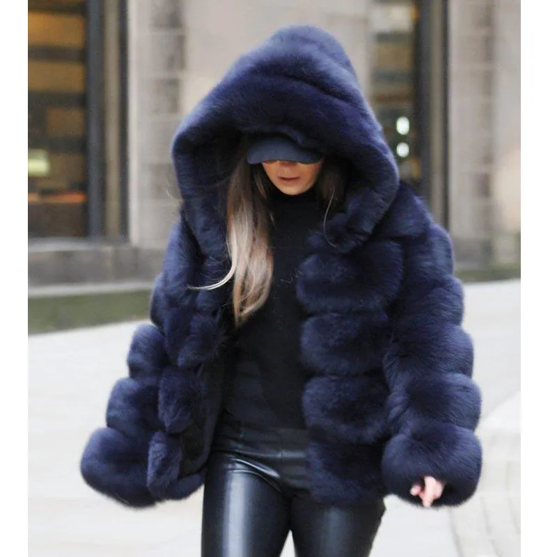 Savabien Womens Faux Fur Coat Thick Warm Furs Long Sleeve Hooded Furry Faux Fur Jacket Winter Black Red Jacket Luxury Coat