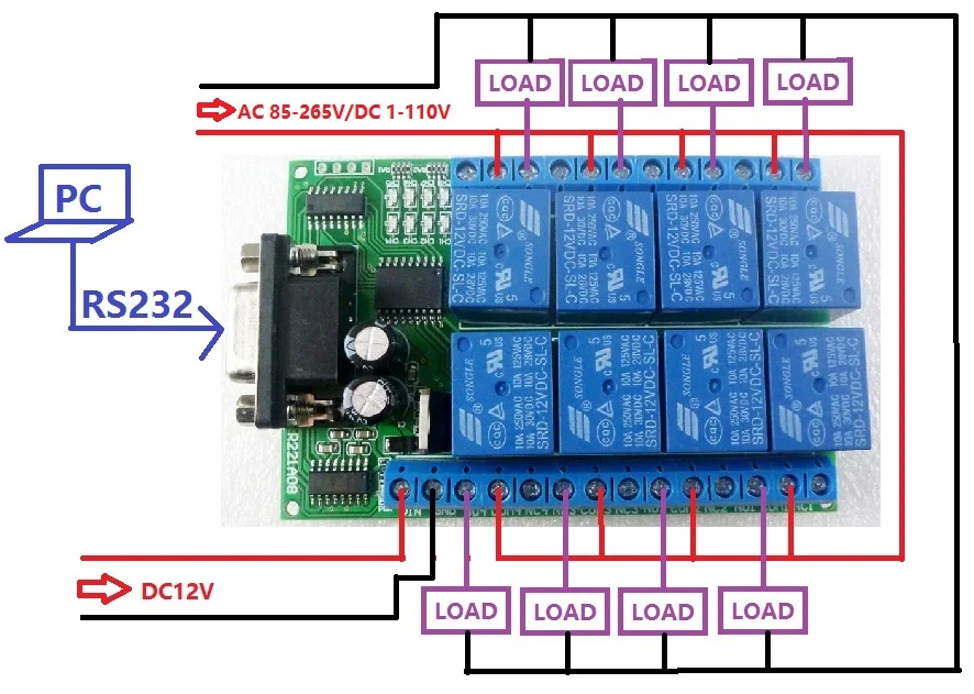 R221A08 12VDC 8ch реле последовательного порта DB9 UART RS232 переключатель для управления домашнего освещения Электрический водонагреватель